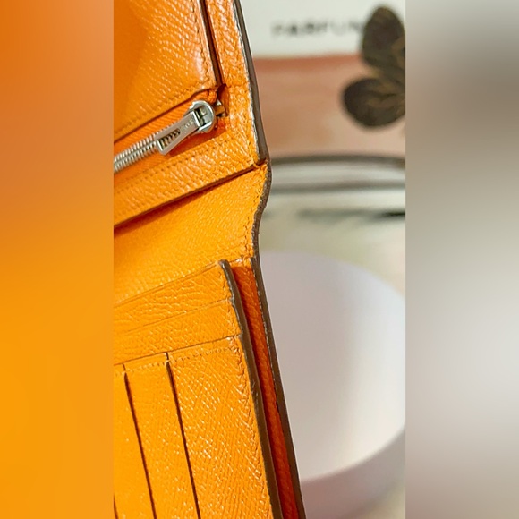 HERMES Bearn Soufflet Leather Chevre Orange Bifold Long Wallet - Picture 10 of 17